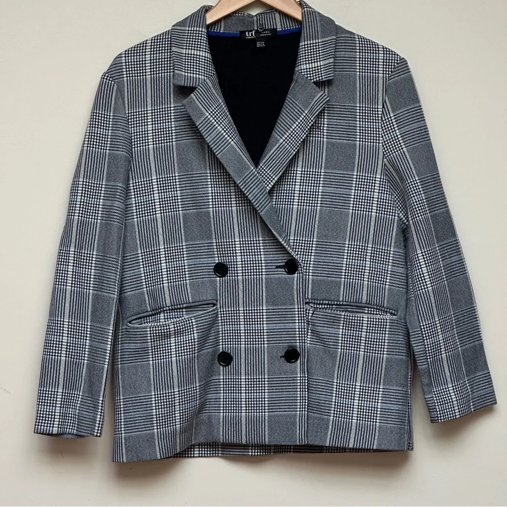 Zara‎ TRF Plaid Double Breasted Blazer Gray Check Small-Medium